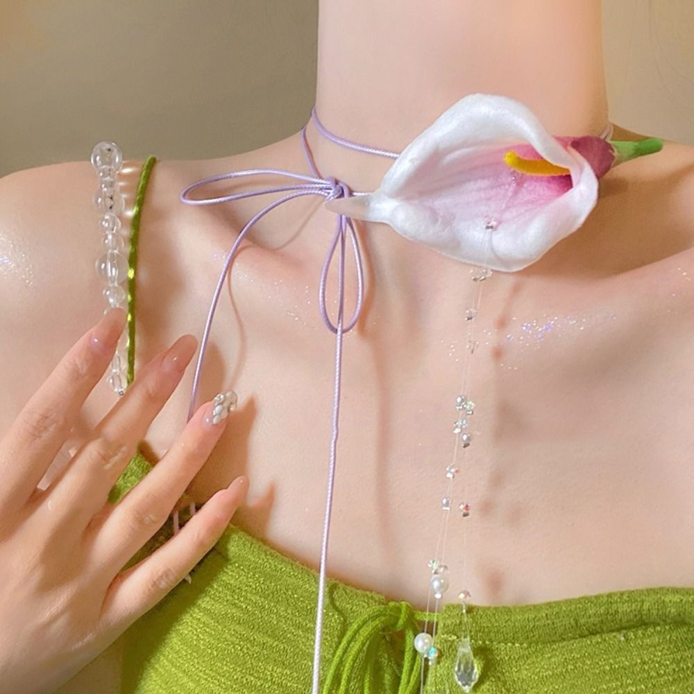 Pearl Choker Necklace Vintage - Fashion Exaggerated Calla Lily Beaded Pendant