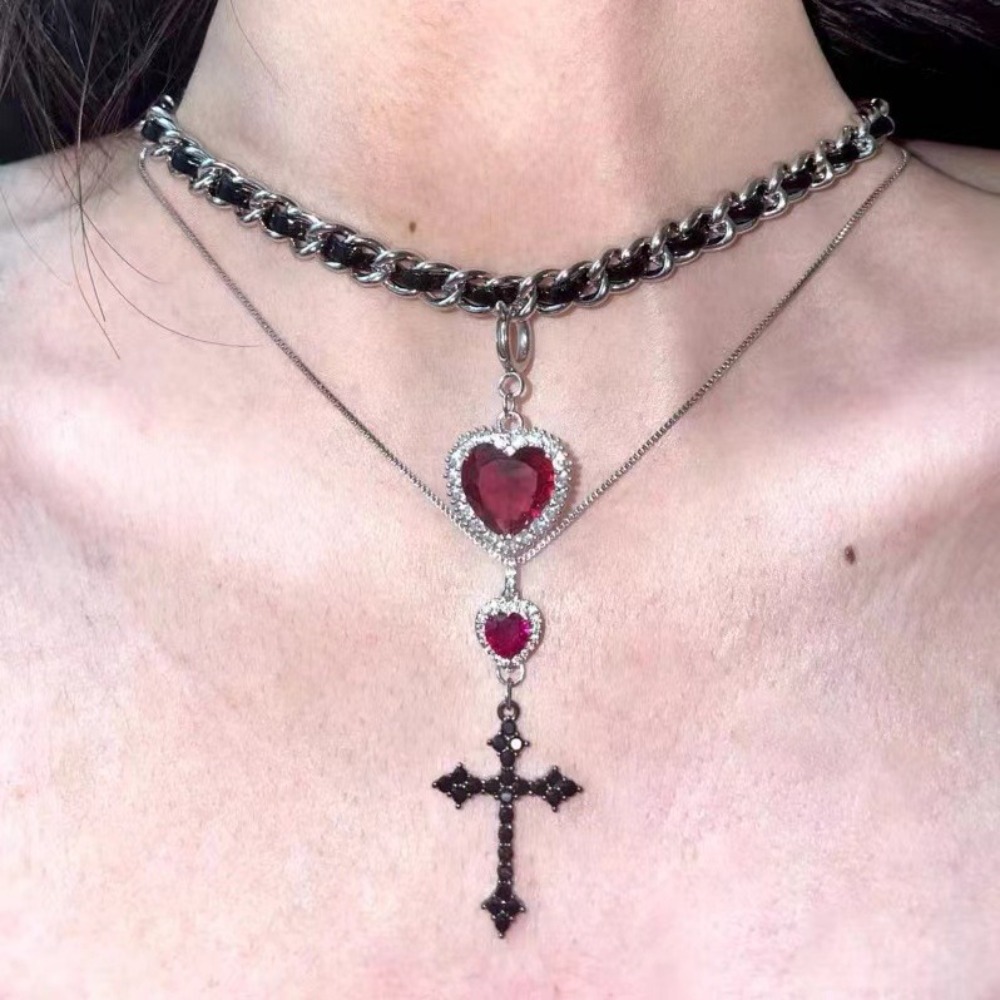 Punk Grunge Red Heart Crystal  - đánh giá và giá Layered Pendant Necklace Aesthetic
