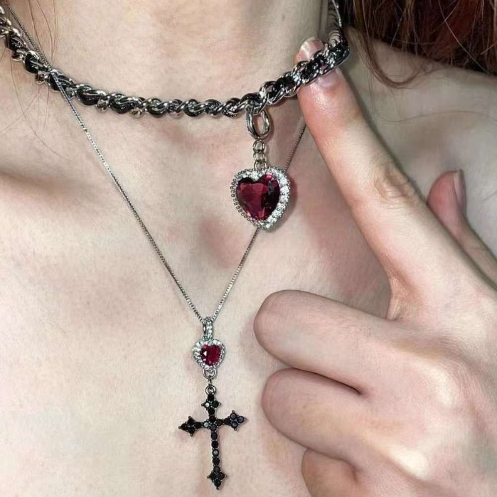 Punk Grunge Red Heart Crystal  - đánh giá và giá Layered Pendant Necklace Aesthetic