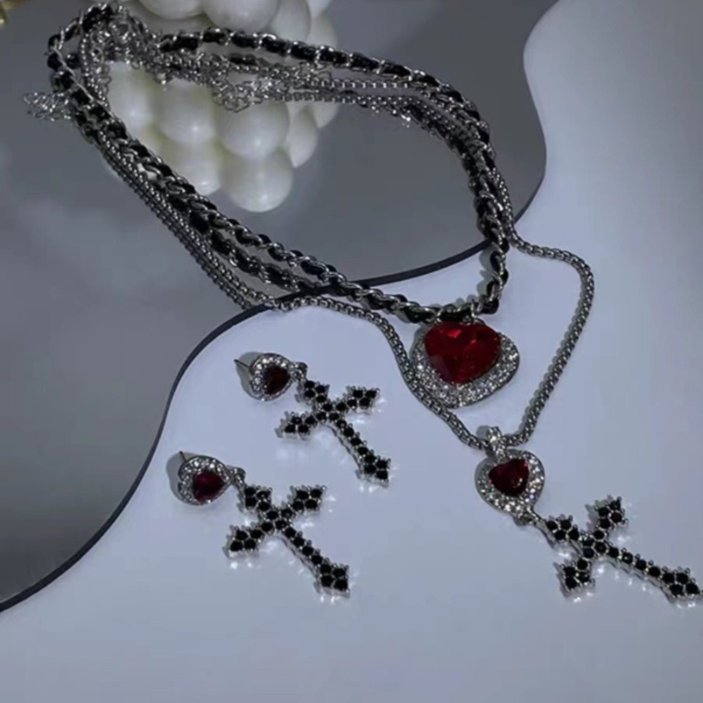 Punk Grunge Red Heart Crystal  - đánh giá và giá Layered Pendant Necklace Aesthetic